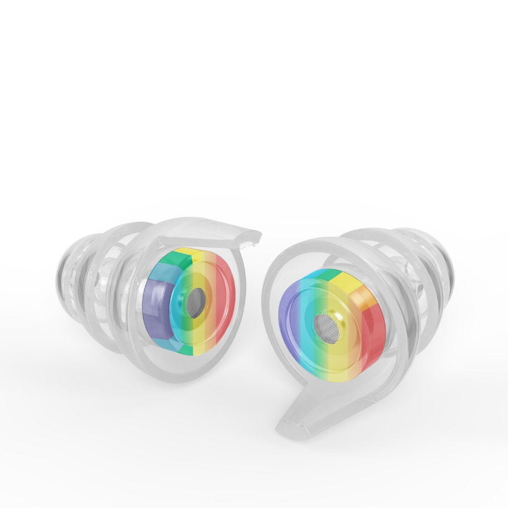 A pair of small size High Fidelity Earplugs in the rainbow edition.