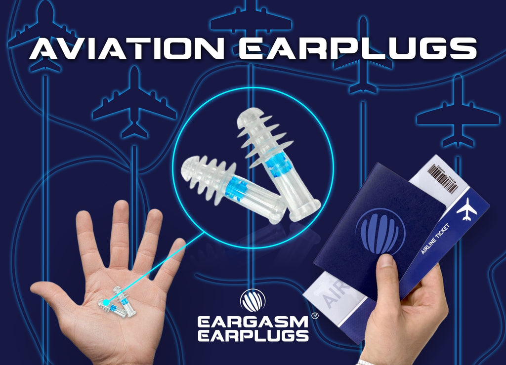 Two hands; one is holding a pair of Eargasm Aviation Earplugs and the other is holding a passport and tickets