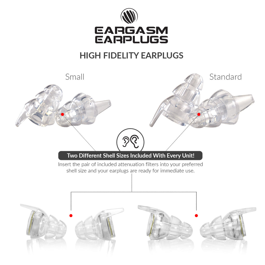 A diagram of the different sizes included in the High Fidelity Earplugs Transparent Edition box set.