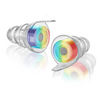 A pair of Standard size High Fidelity Earplugs in the rainbow edition.