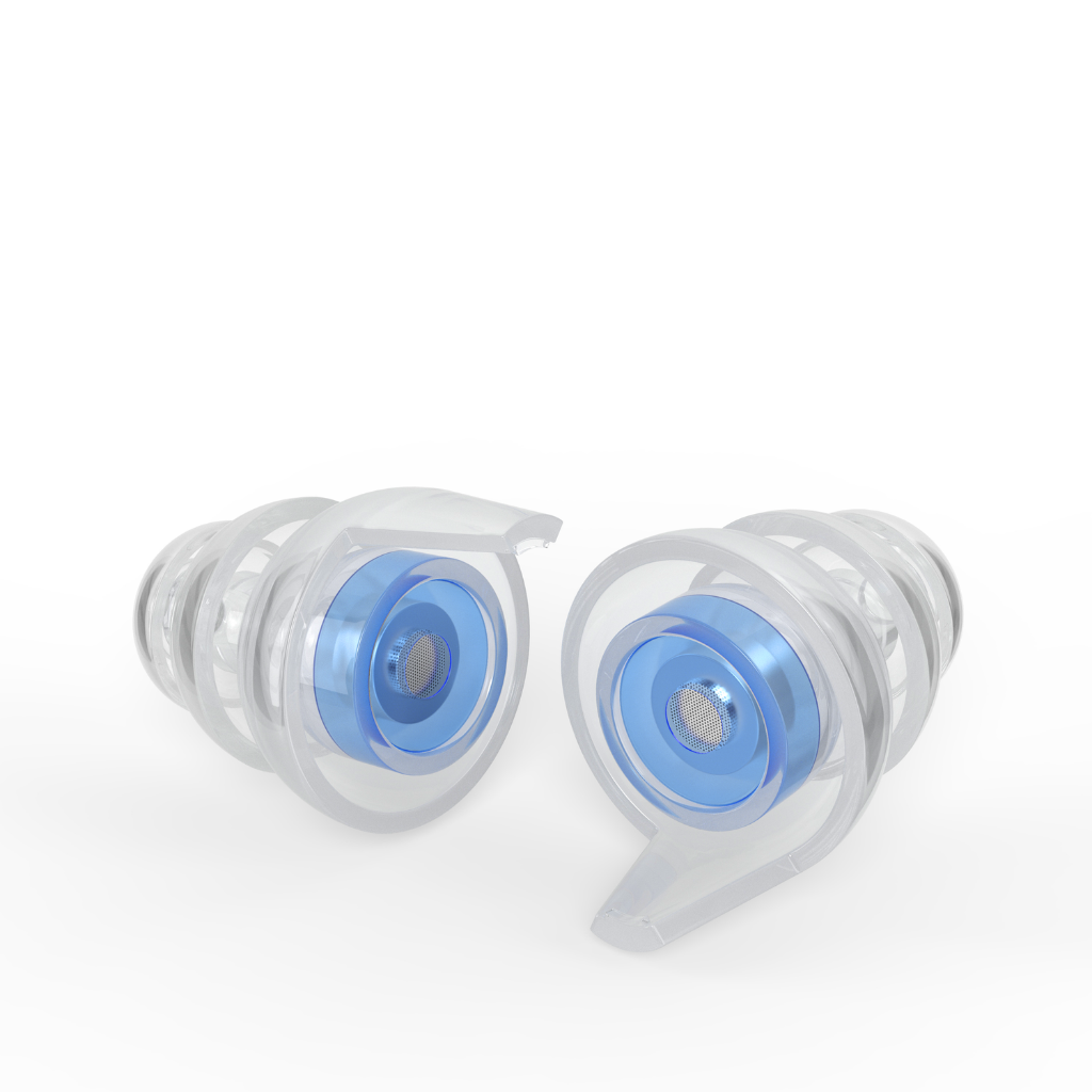 A pair of Small size High Fidelity Earplugs in the blue edition.