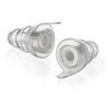 A pair of Standard size High Fidelity Earplugs in the transparent edition.