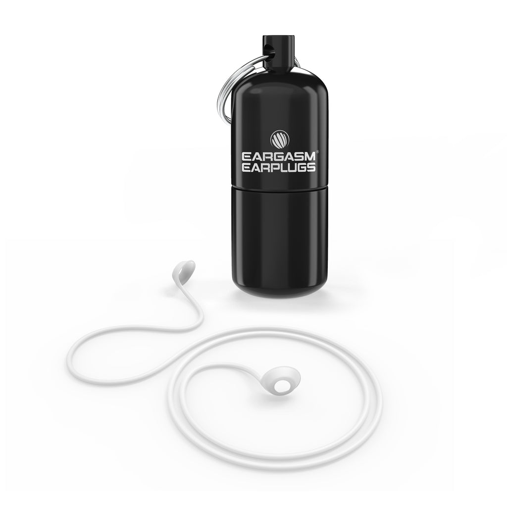 A large, aluminum carrying case, with the Eargasm Earplugs logo on the front. There is also a long white, silicone cord with two holes on each end to insert the earplugs through.